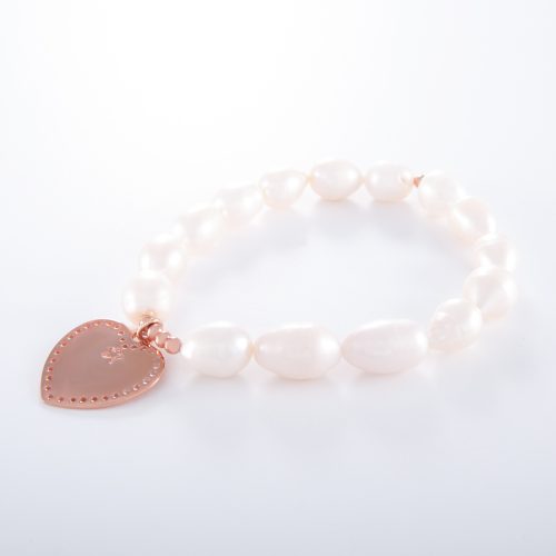 Freshwater Pearl Sterling Silver Rose Gold Plated Flat Heart Elastic Bracelet.