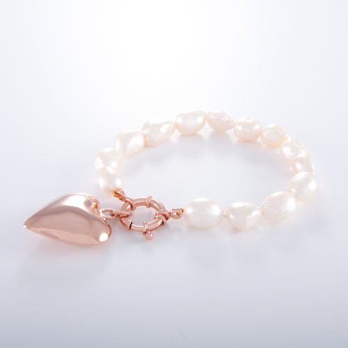 Freshwater Pearl Sterling Silver Rose Gold Plated Puffed Heart Bracelet.