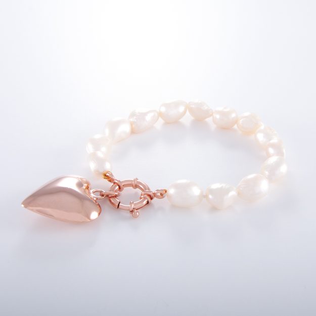 Freshwater Pearl Sterling Silver Rose Gold Plated Puffed Heart Bracelet