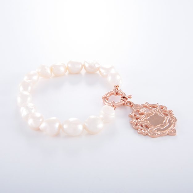Freshwater Pearl Sterling Silver Rose Gold Plated Shield Bracelet