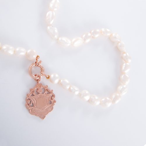 Freshwater Pearl Sterling Silver Rose Gold Plated Shield Necklace.