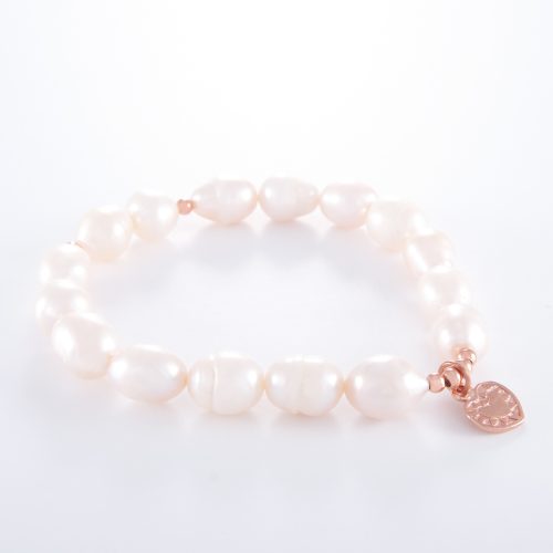 Freshwater Pearl Sterling Silver Rose Gold Plated Small Flat Heart Elastic Bracelet.