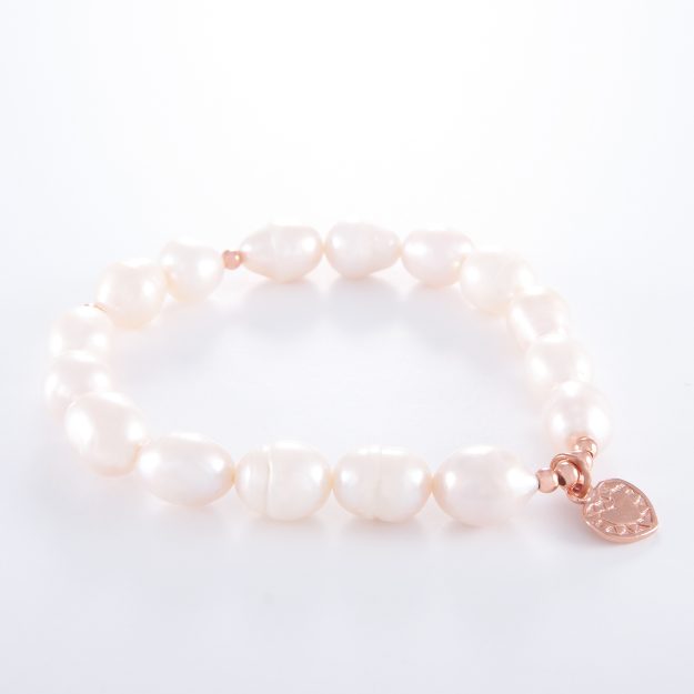 Freshwater Pearl Sterling Silver Rose Gold Plated Small Flat Heart Elastic Bracelet