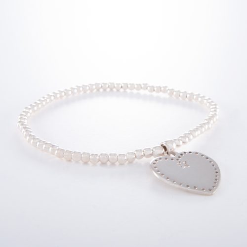 Sterling Silver Elastic Flat Heart Ball Bracelet.