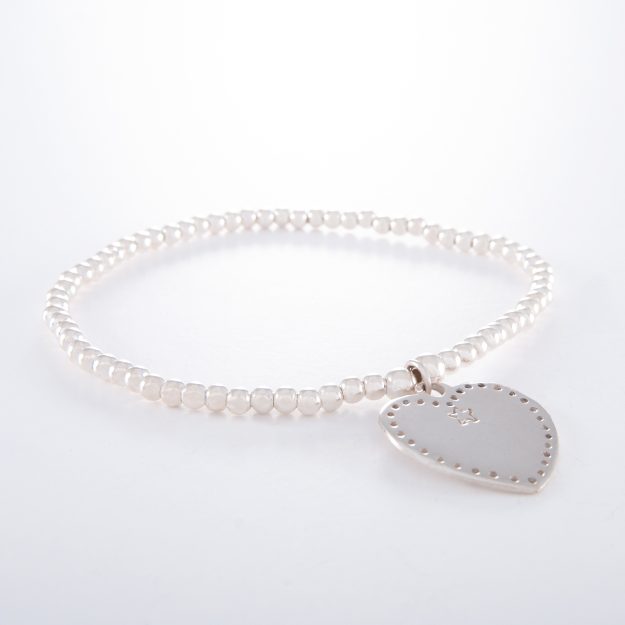 Sterling Silver Elastic Flat Heart Ball Bracelet
