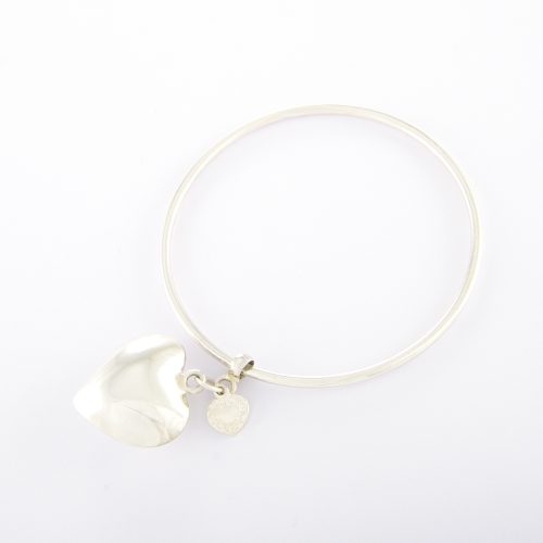 Fine Sterling Silver Bangle with Puffed Heart & Small Flat Heart.