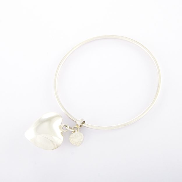 Fine Sterling Silver Bangle with Puffed Heart & Small Flat Heart