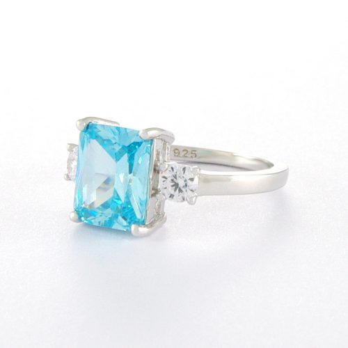 Sterling Silver Rectangular Blue Topaz Cubic Zirconia Ring.