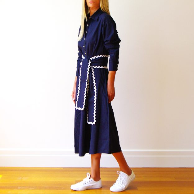 Lillie Navy Cotton Poplin Dress with Ric Rac Belt