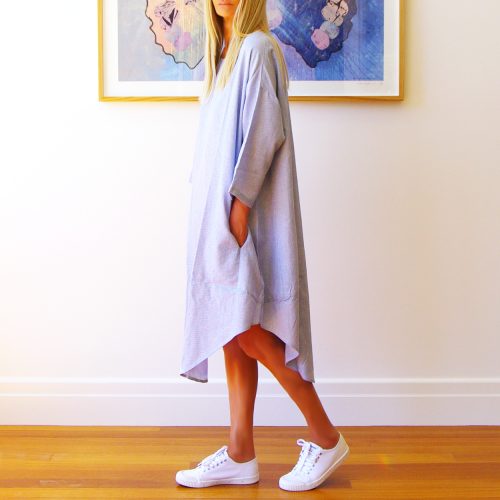 Willow Blue & White Fine Stripe Linen Mix Dress (Side).