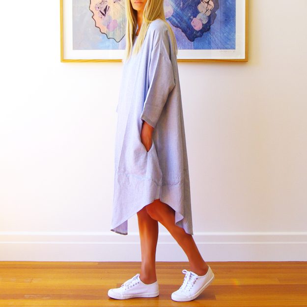Willow Blue & White Fine Stripe Linen Mix Dress Side